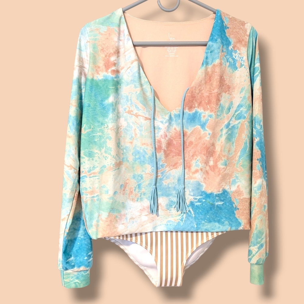 Seea Blue Marble Striped V-Neck Long Sleeve Santander Blouse One-Piece Swimsuit